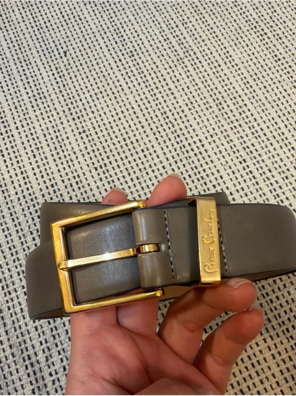 Pierre Cardin Gray Leather Belt with Gold Buckle